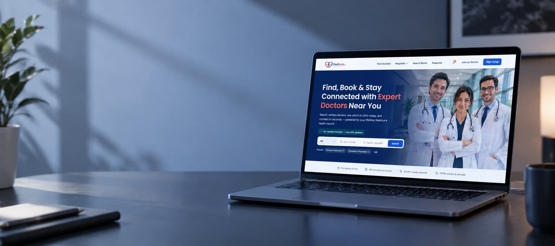 Slashcure open on a laptop: find verified doctors near you