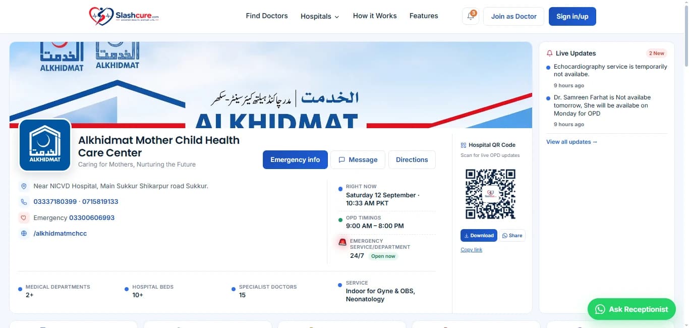 A hospital page with live OPD updates