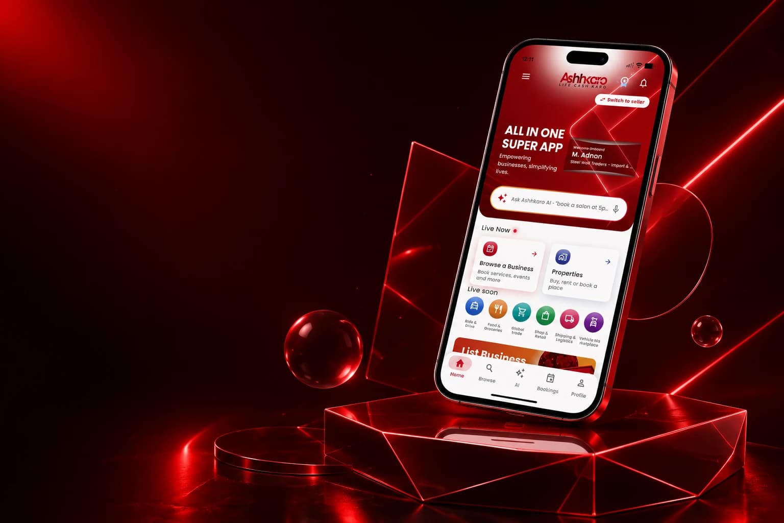 Ashhkaro home screen on a phone standing on a lit plinth
