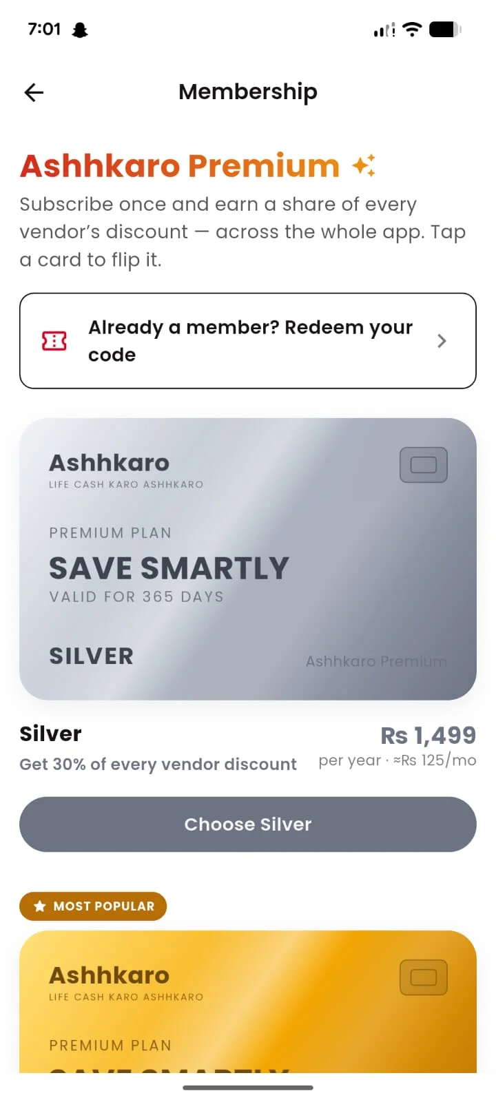Ashhkaro Premium membership screen